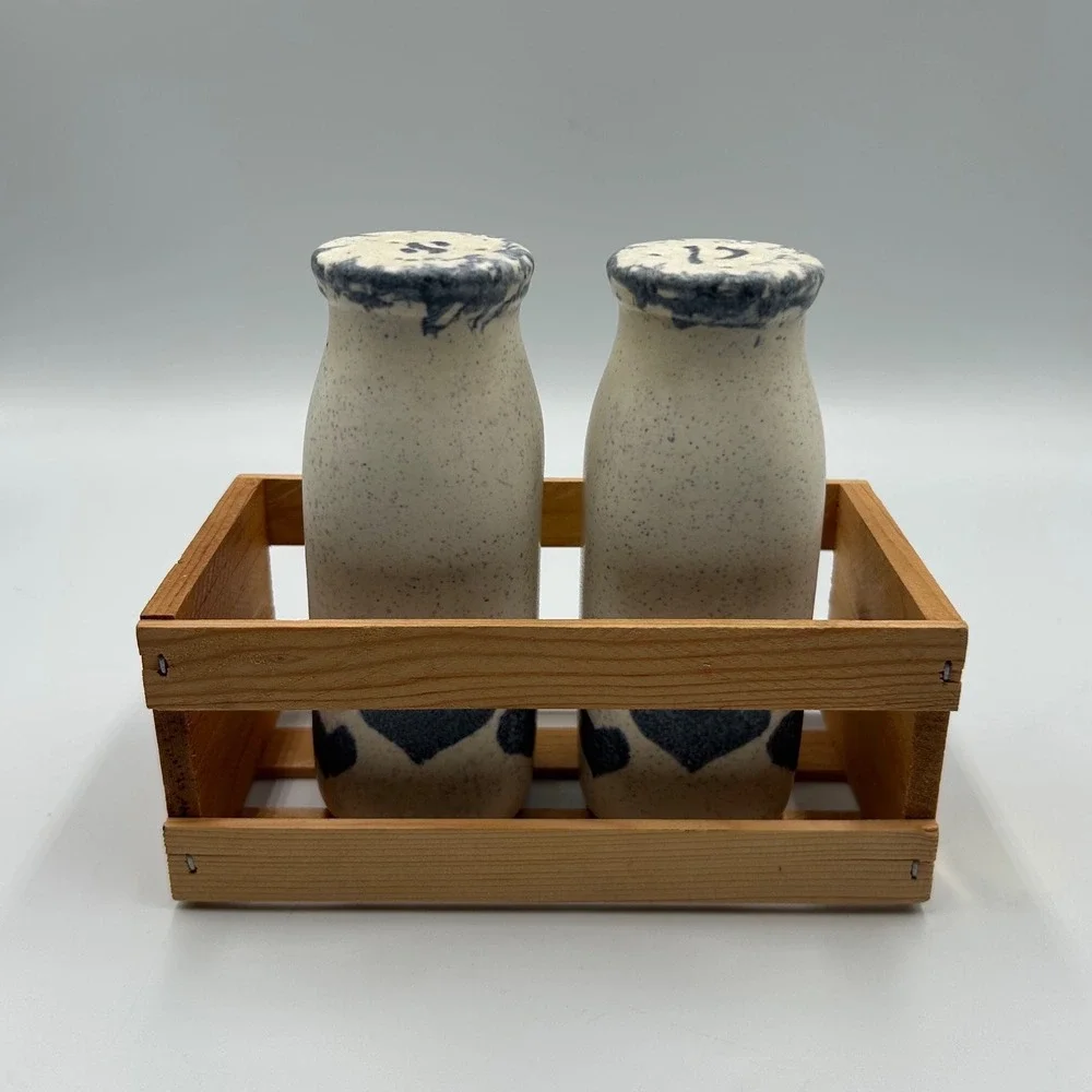 MN Wild Blue Heart Milk Bottle Salt and Pepper Shakers with Crate Cottge Core